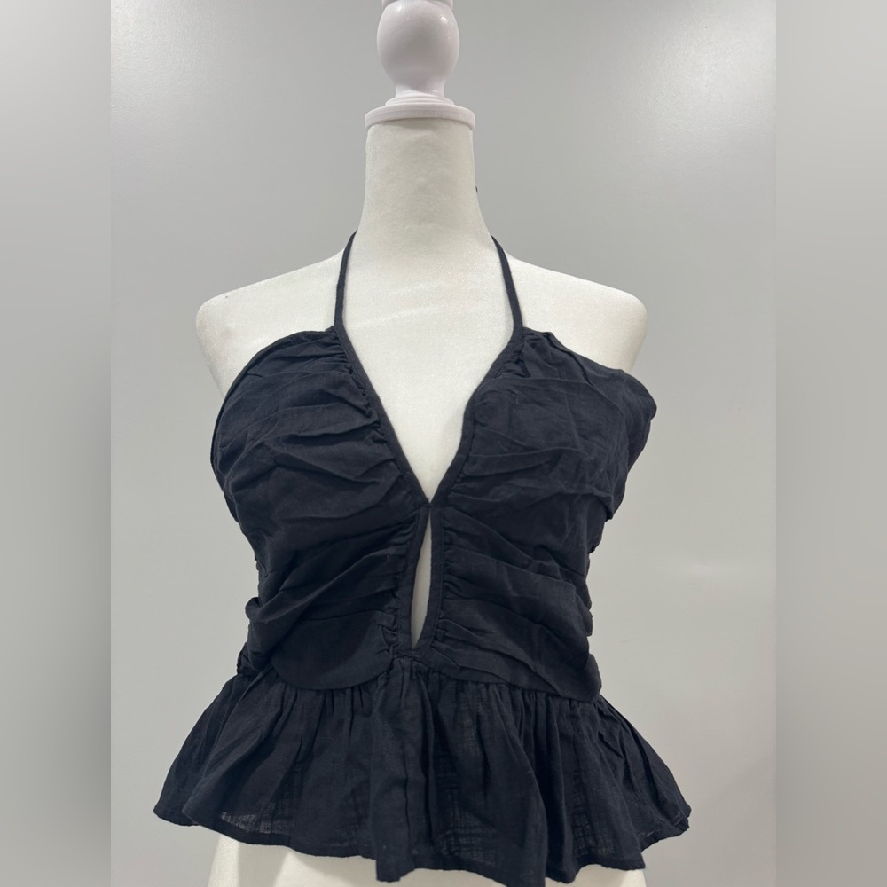 NWT Free People Black Ruched Tie Front Crop Top